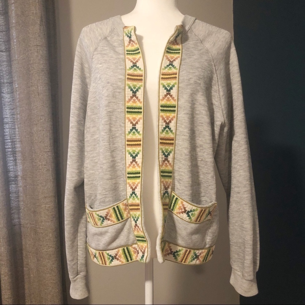 Gray sweatshirt cardigan with woven trim
